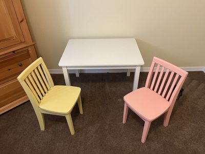 White Kids Table with Yellow and Pink Chairs Set