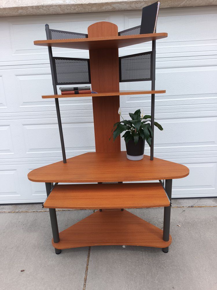 Corner Computer Desk Workstation with Shelves - Wood Grain Finish