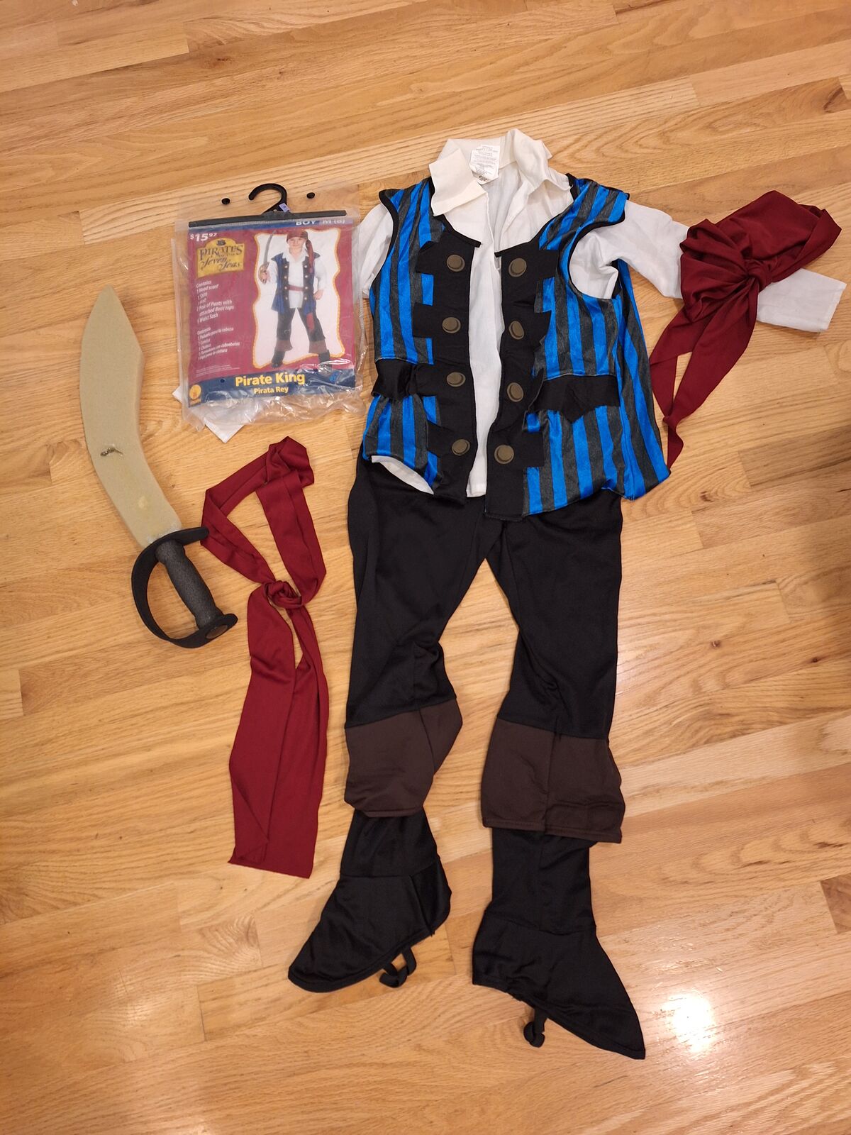 Boys Pirate Costume Size 6-8 Vest Shirt Pants Sash Foam Sword / Colonial Days