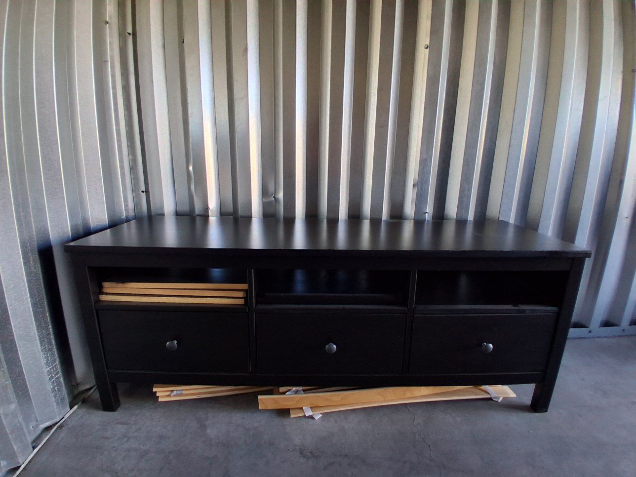 Black Entertainment Center/TV Stand with 3 Drawers and Open Shelving
