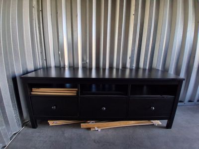 Black Entertainment Center/TV Stand with 3 Drawers and Open Shelving