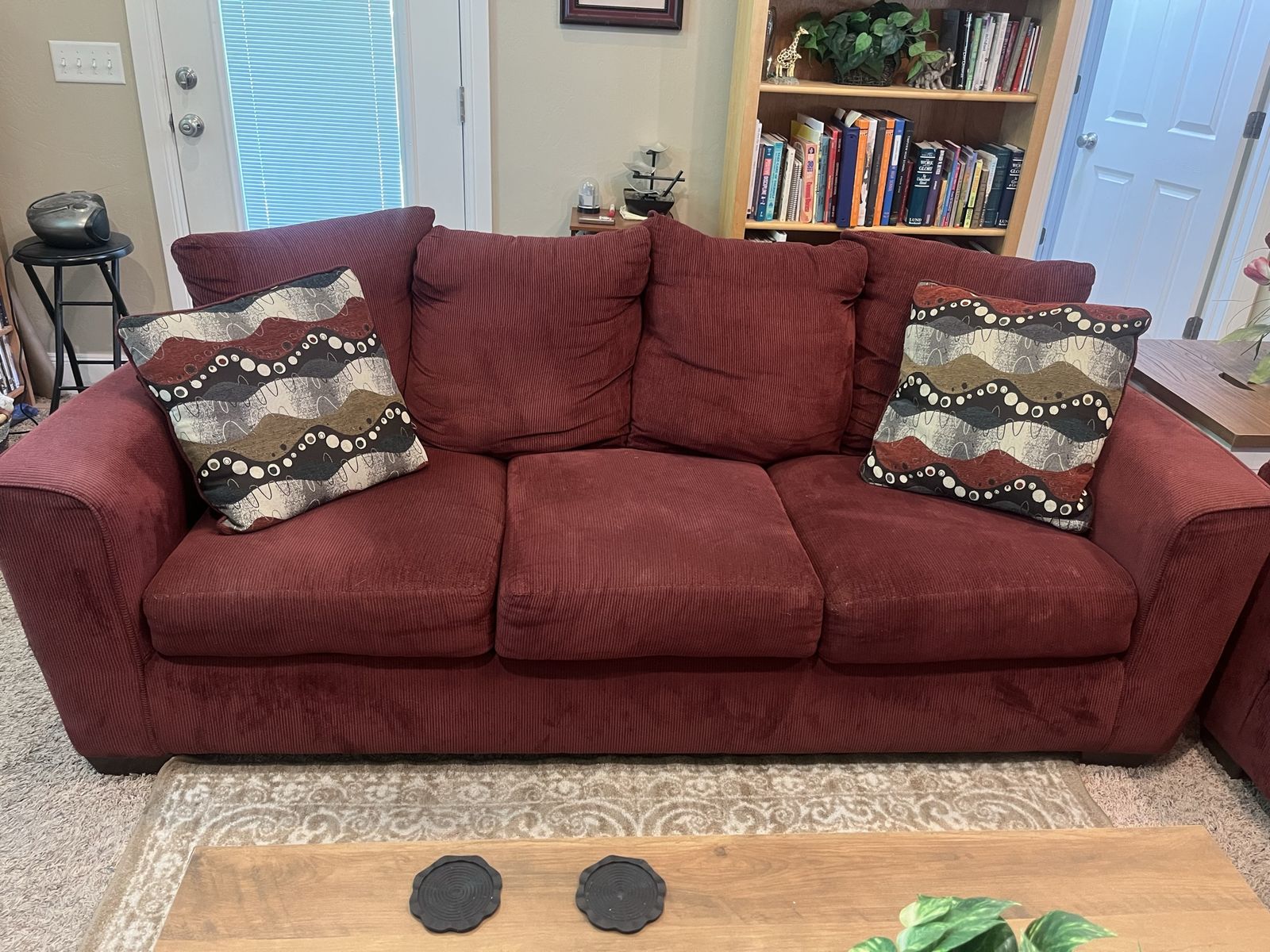 Maroon Corduroy Sofa and Loveseat Set - Book Print Accent Chair Included