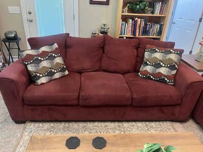Maroon Corduroy Sofa and Loveseat Set - Book Print Accent Chair Included