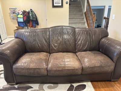 Distressed Brown Leather Sofa - Spacious 3-Seat Couch for Living Room