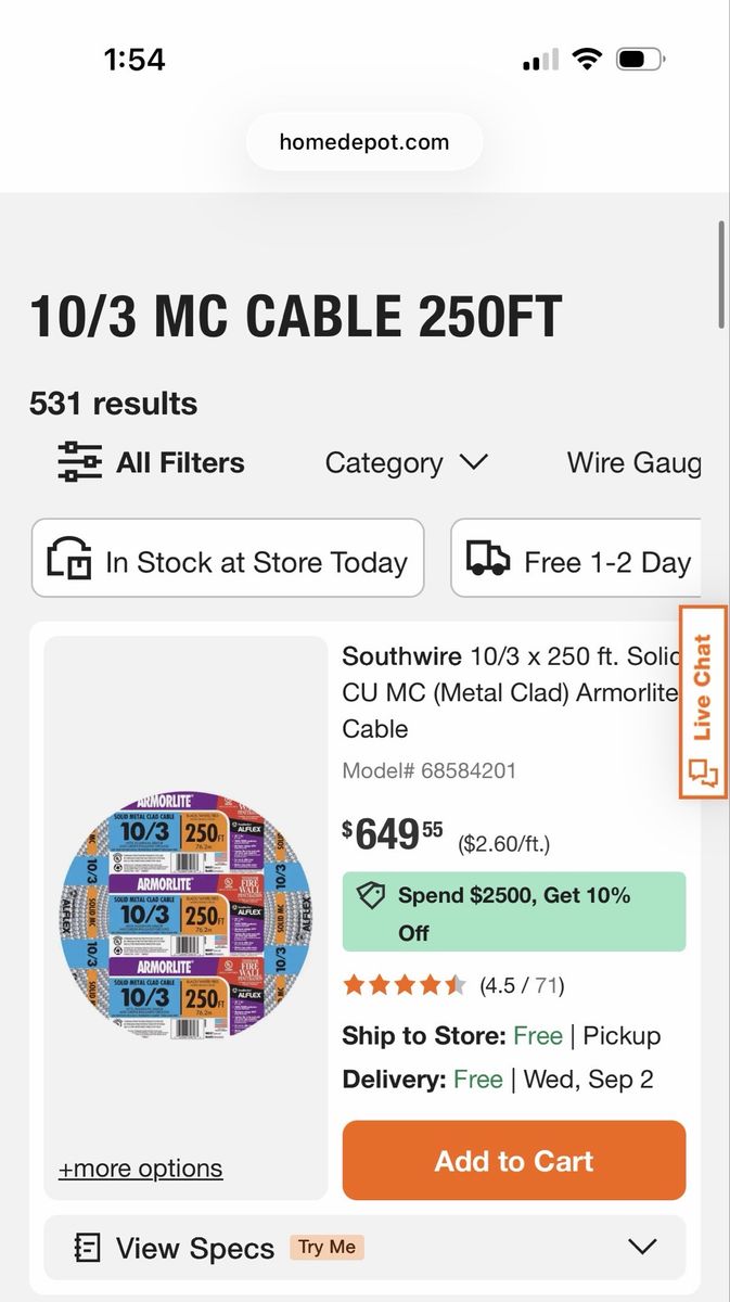 Southwire Armorlite 10/3 MC Cable 250 FT Metal Clad