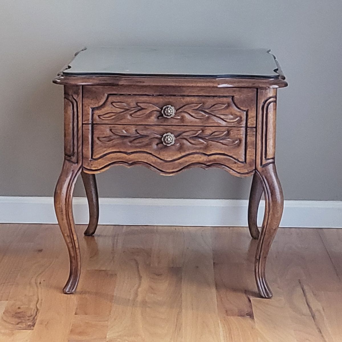 Drexel Heritage Vintage French Provincial Wood Side Table with Drawers and Glass Top
