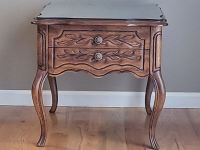 Drexel Heritage Vintage French Provincial Wood Side Table with Drawers and Glass Top