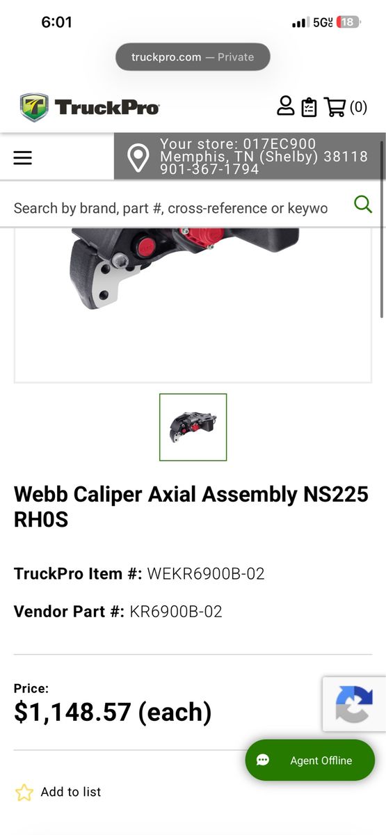 Webb Caliper Axial Assembly NS225 RH0S