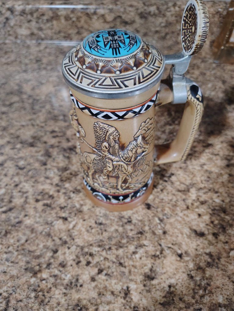 Vintage Native American Indian Chief Stone Beer Stein Mug Tankard with Pewter Lid