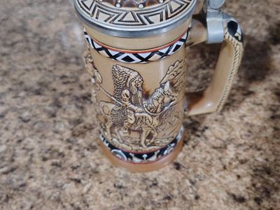 Vintage Native American Indian Chief Stone Beer Stein Mug Tankard with Pewter Lid