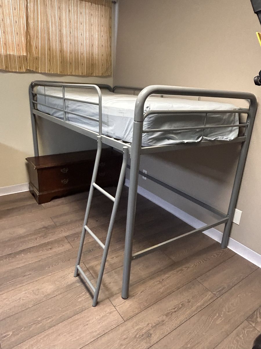 Gray Metal Twin Loft Bed Frame with Front Ladder and Safety Guardrails