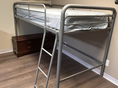 Gray Metal Twin Loft Bed Frame with Front Ladder and Safety Guardrails