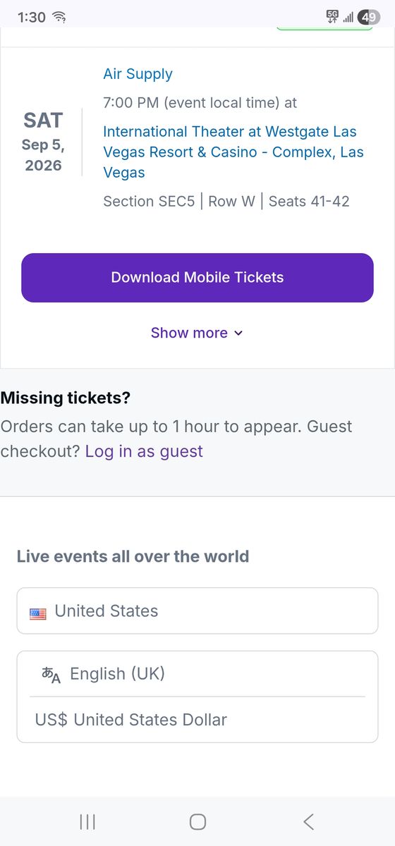 2 Tickets to Air Supply in Las Vegas September 5th at Westgate Casino and Resort