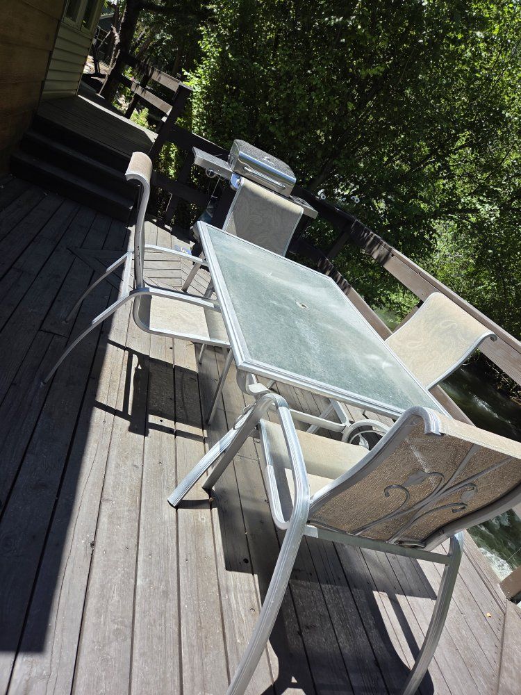 Patio Furniture Set - Two Swivel Rockers, Four Chairs, and Glass Top Table, Outdoor Dining Set