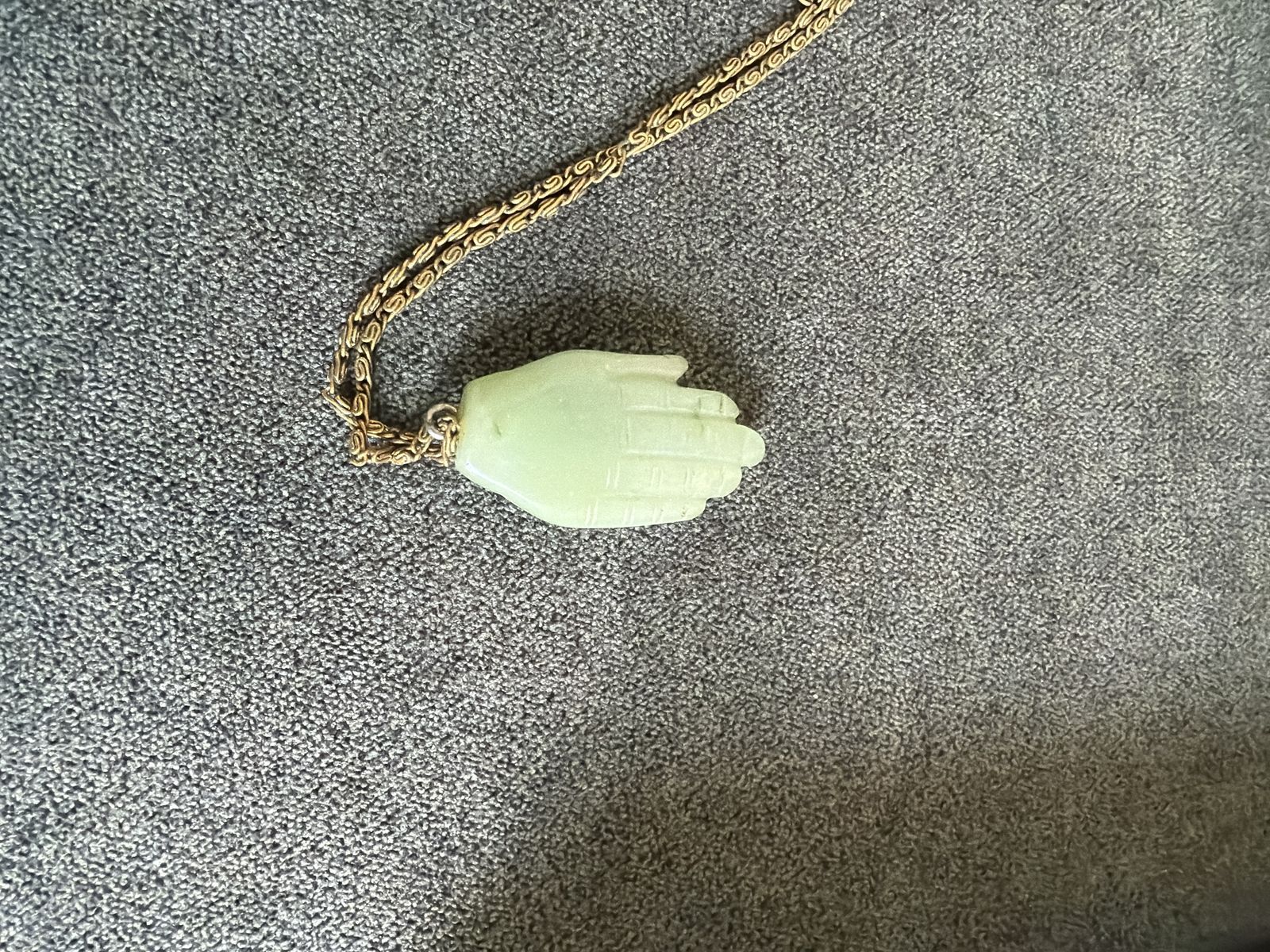 Vintage Pale Green Jade Hand Charm Necklace Gold Tone Chain