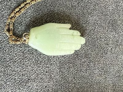 Vintage Pale Green Jade Hand Charm Necklace Gold Tone Chain