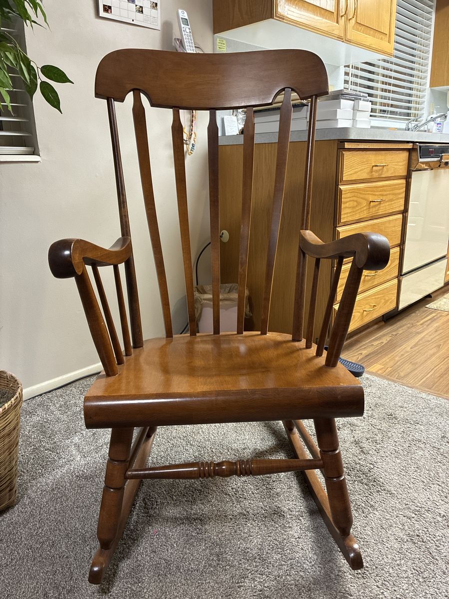 Vintage Solid Wood Rocking Chair with Spindle Back & Curved Armrests