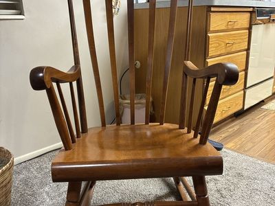Vintage Solid Wood Rocking Chair with Spindle Back & Curved Armrests