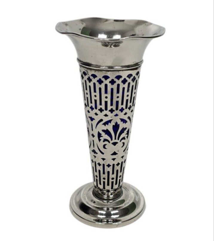 Vintage Godinger Silverplate Vase With Cobalt Blue Glass Liner Pierced Overlay