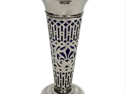 Vintage Godinger Silverplate Vase With Cobalt Blue Glass Liner Pierced Overlay
