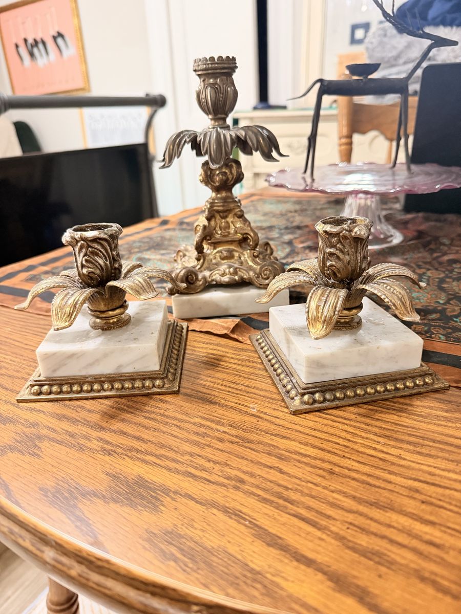 Vintage Brass & Marble Candlestick Holders - Set of 3 Ornate Floral Design, Antique Decor
