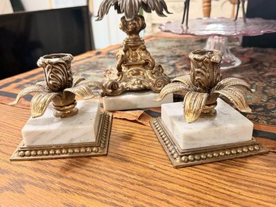 Vintage Brass & Marble Candlestick Holders - Set of 3 Ornate Floral Design, Antique Decor