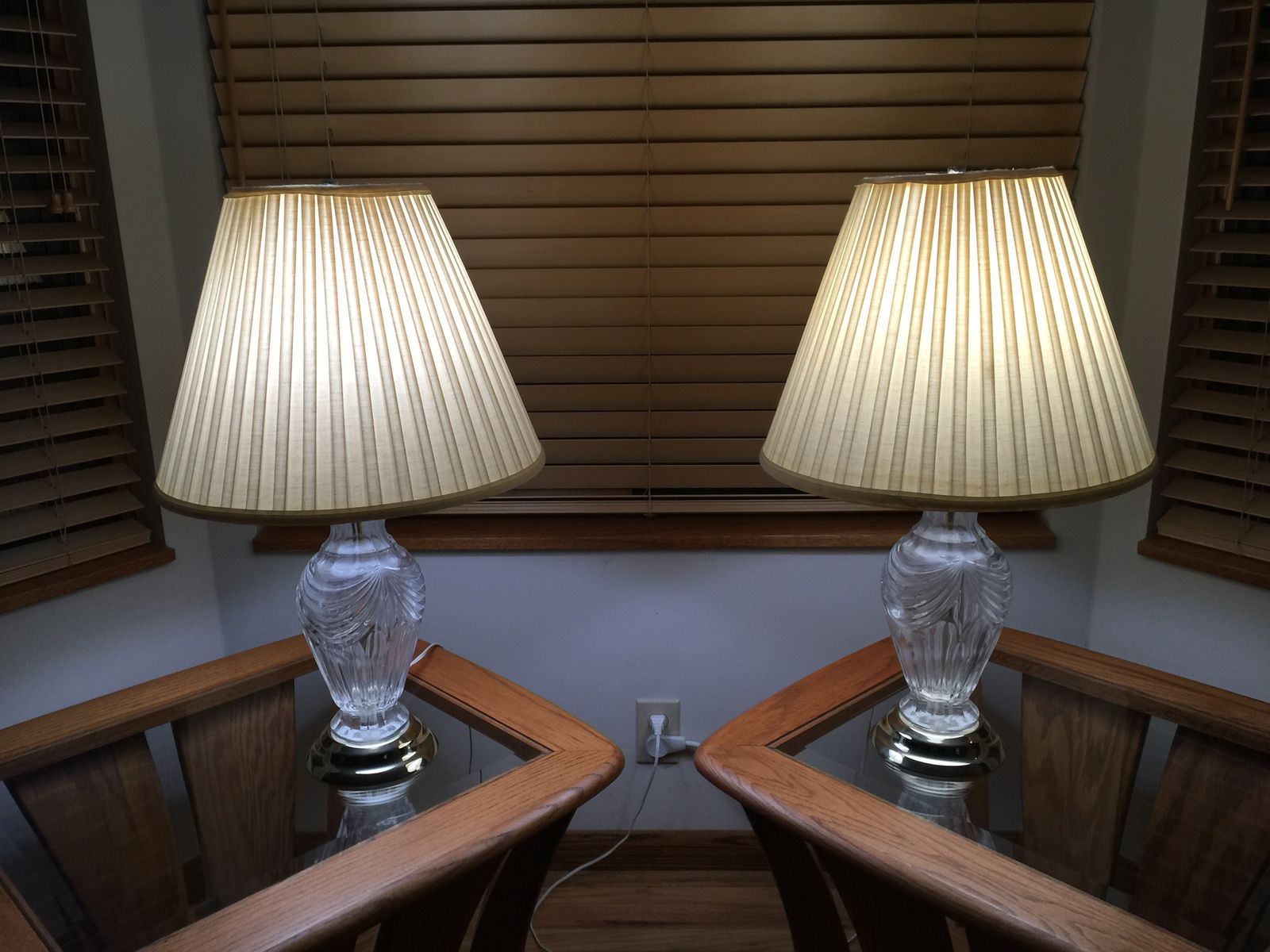 Pair of Crystal Glass Table Lamps with Pleated Fabric Shades