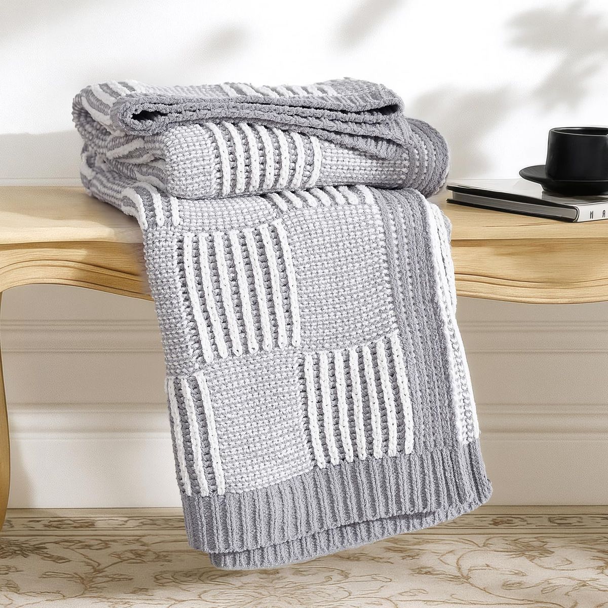 New! Amélie Home Knit Throw Blanket, Soft Chenille Cozy Breathable Dual Tone Checkered Chunky Decorative Blanket for Couch, Bed 