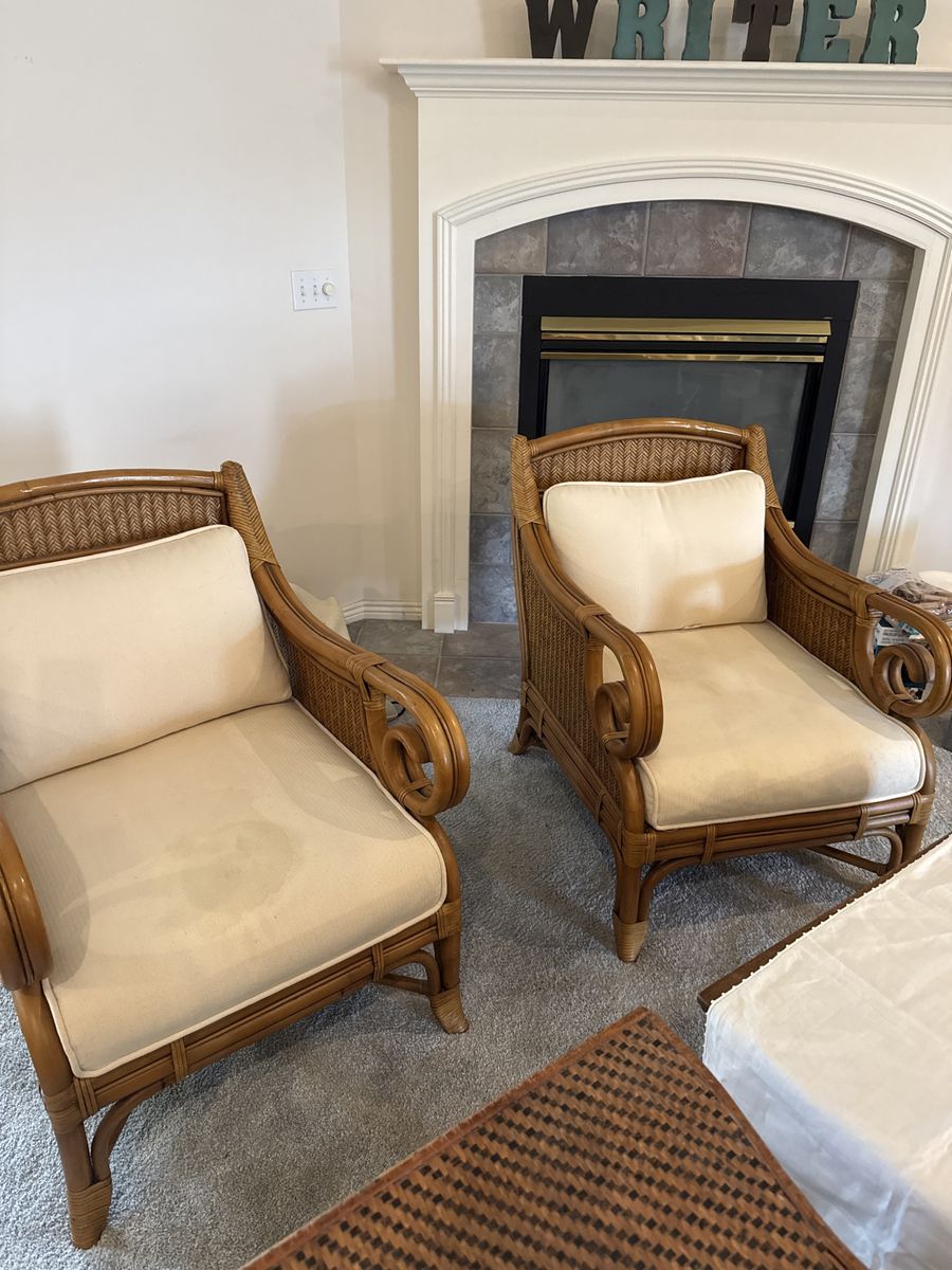 Pair of Woven Rattan Armchairs with Cream Cushions - Tropical Cane Furniture Set