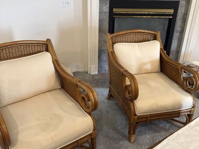 Pair of Woven Rattan Armchairs with Cream Cushions - Tropical Cane Furniture Set
