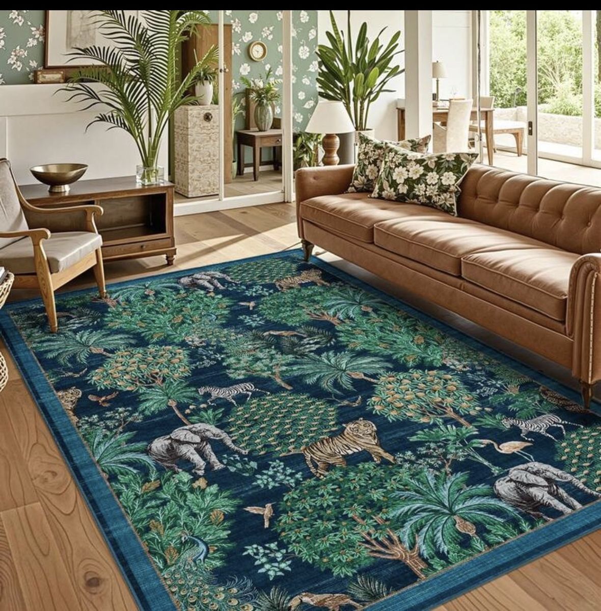 Jungle Botanical Safari Area Rug - Machine Washable Low Pile Non-Slip Accent Rug