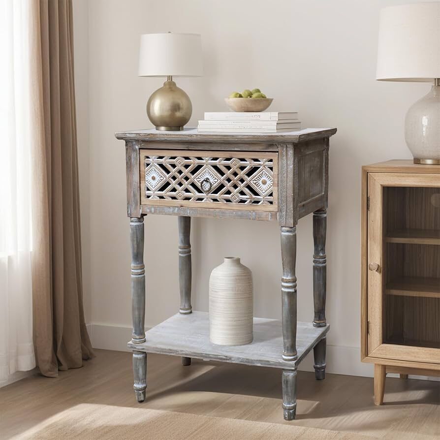 Vintage Wood Side Table Carved Diamond Pattern