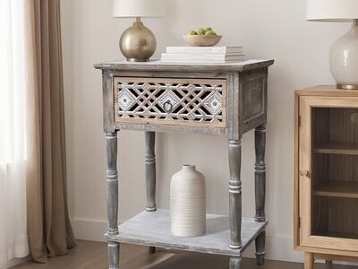 Vintage Wood Side Table Carved Diamond Pattern