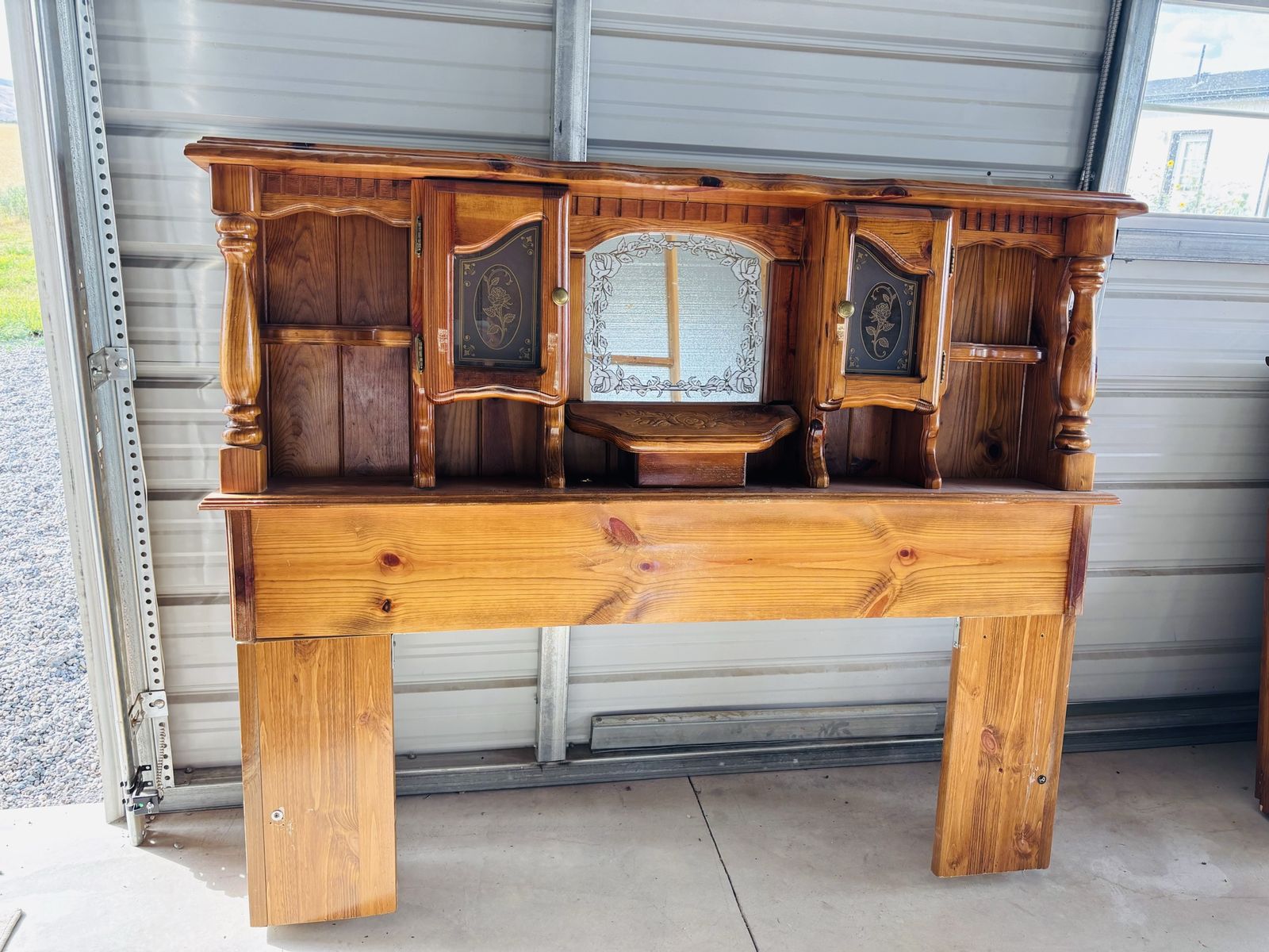 Vintage Wooden Pier Headboard with Etched Mirror and Storage Cabinets