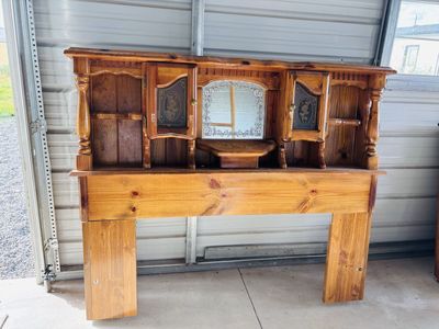 Vintage Wooden Pier Headboard with Etched Mirror and Storage Cabinets