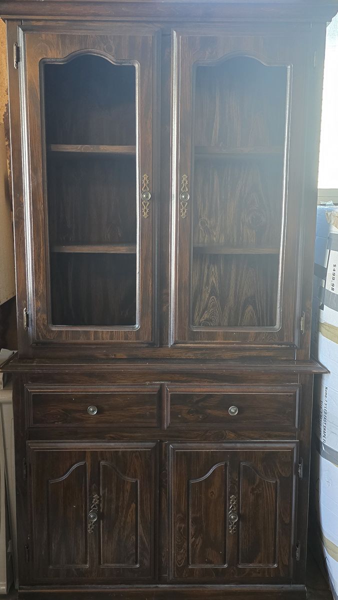 Dark Wood China Cabinet/Hutch with Glass Doors & Drawers - Vintage Storage Display