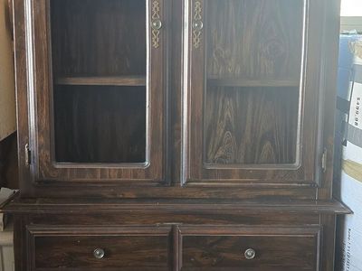 Dark Wood China Cabinet/Hutch with Glass Doors & Drawers - Vintage Storage Display