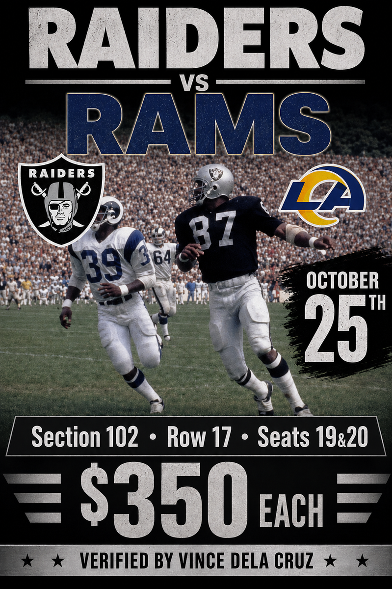 Las Vegas Raiders vs Los Angeles Rams Tickets | October 25th | Sec 102, Row 17, Seats 19 & 20