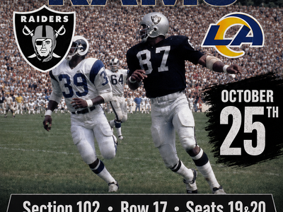 Las Vegas Raiders vs Los Angeles Rams Tickets | October 25th | Sec 102, Row 17, Seats 19 & 20