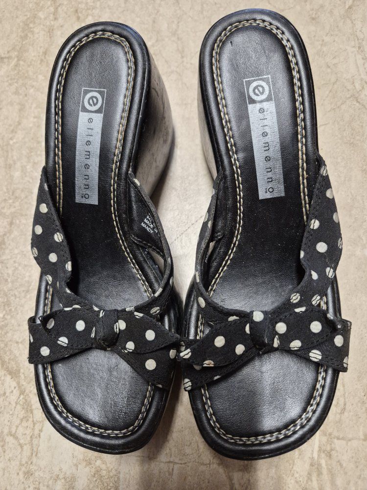 Ellemmenno Black Polka Dot Bow Wedge Sandals - Women's Size 7.5