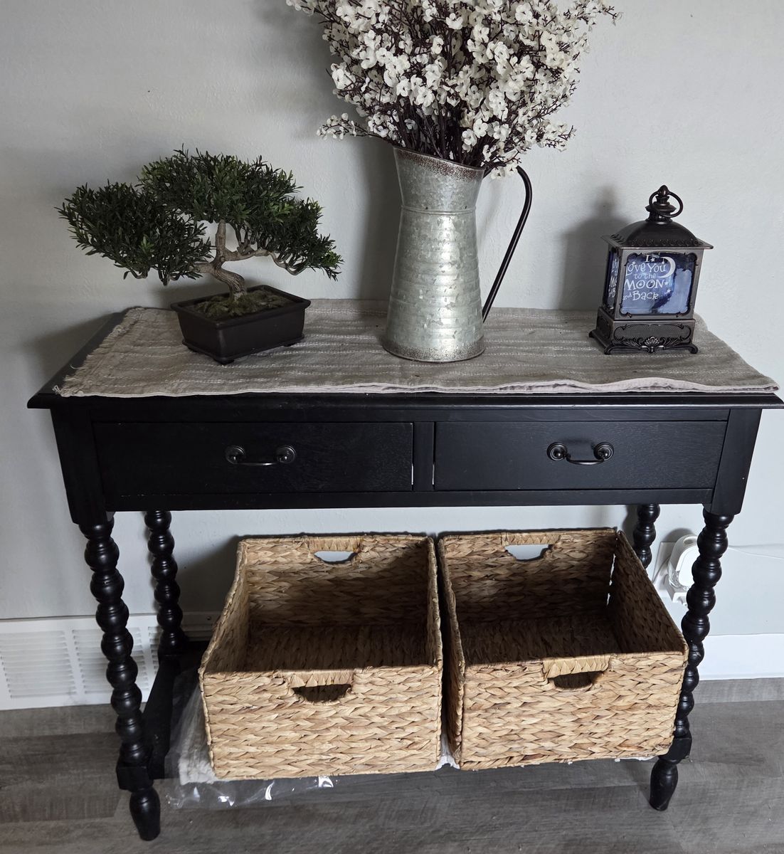Rustic Black Console Table w/ Spool Legs & 2 Drawers, Farmhouse Entryway or Hallway Accent