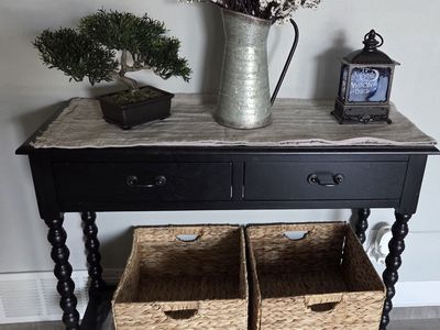 Rustic Black Console Table w/ Spool Legs & 2 Drawers, Farmhouse Entryway or Hallway Accent