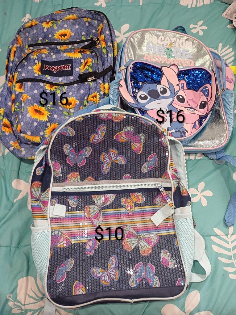 Assorted Kids Backpacks - JanSport, Disney Stitch, Sequin, Floral, Tie-Dye