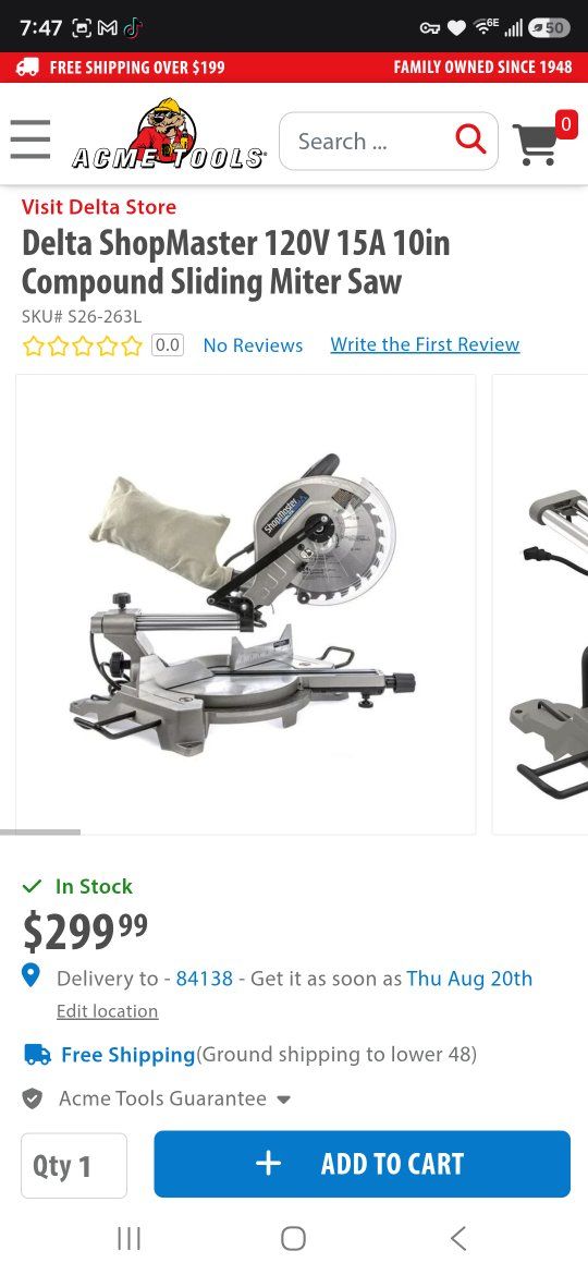New Delta ShopMaster S26-263L 10" 15A Sliding Compound Miter Saw