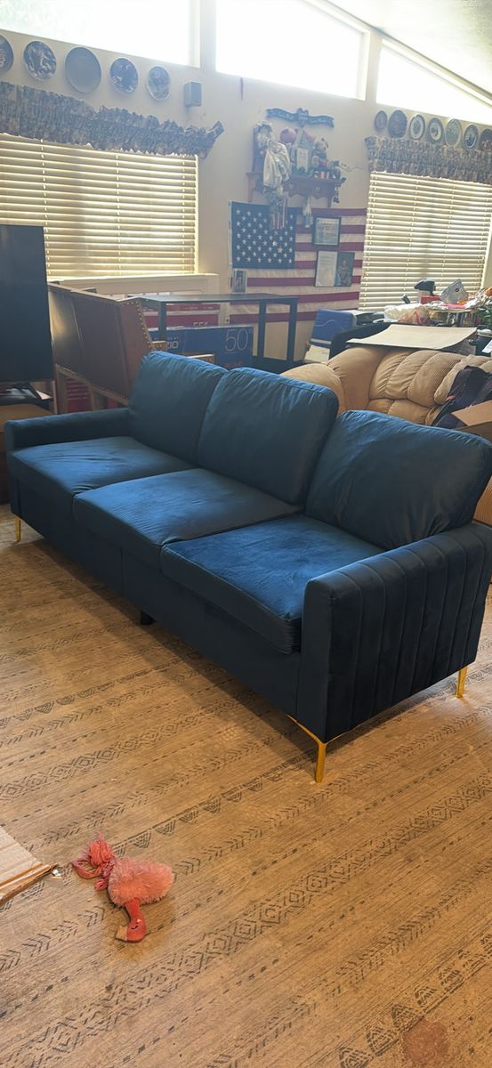 Modern Navy Blue Velvet Sofa Couch with Gold Legs - 3-Seater Living Room Furniture