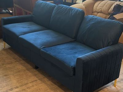 Modern Navy Blue Velvet Sofa Couch with Gold Legs - 3-Seater Living Room Furniture