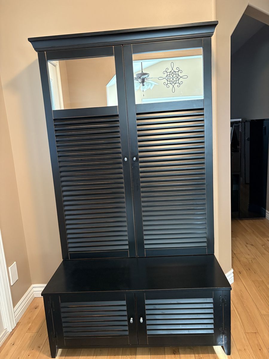Black Shutter Door Hall Tree Entryway Bench Coat Rack Storage Cabinet