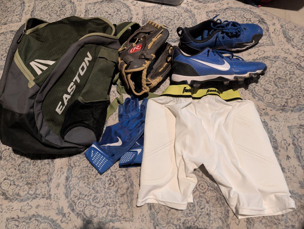Easton Baseball Helmet, Rawlings Glove, Nike Cleats, & Easton Bag - Used Baseball Gear