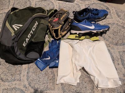 Easton Baseball Helmet, Rawlings Glove, Nike Cleats, & Easton Bag - Used Baseball Gear