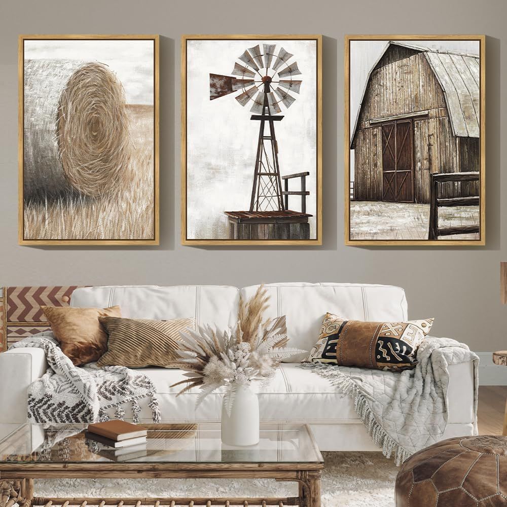 NEW 24x36 (3) Farmhouse Wall Art Vintage Rustic Windmill Barn Cornfield Pictures Framed Painting Landscape Countryside Rural
